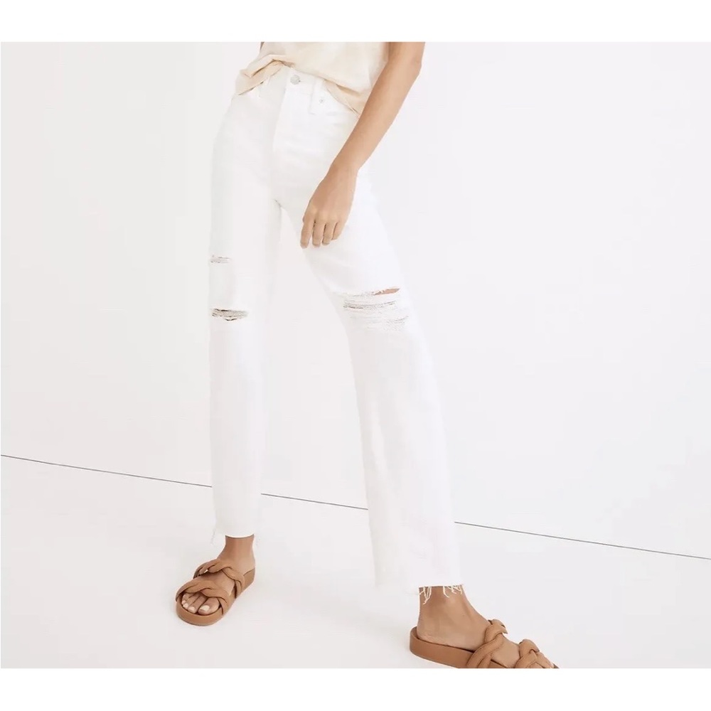 Madewell The Perfect Vintage Straight Jean in Tile White: Ripped-Knee Edition